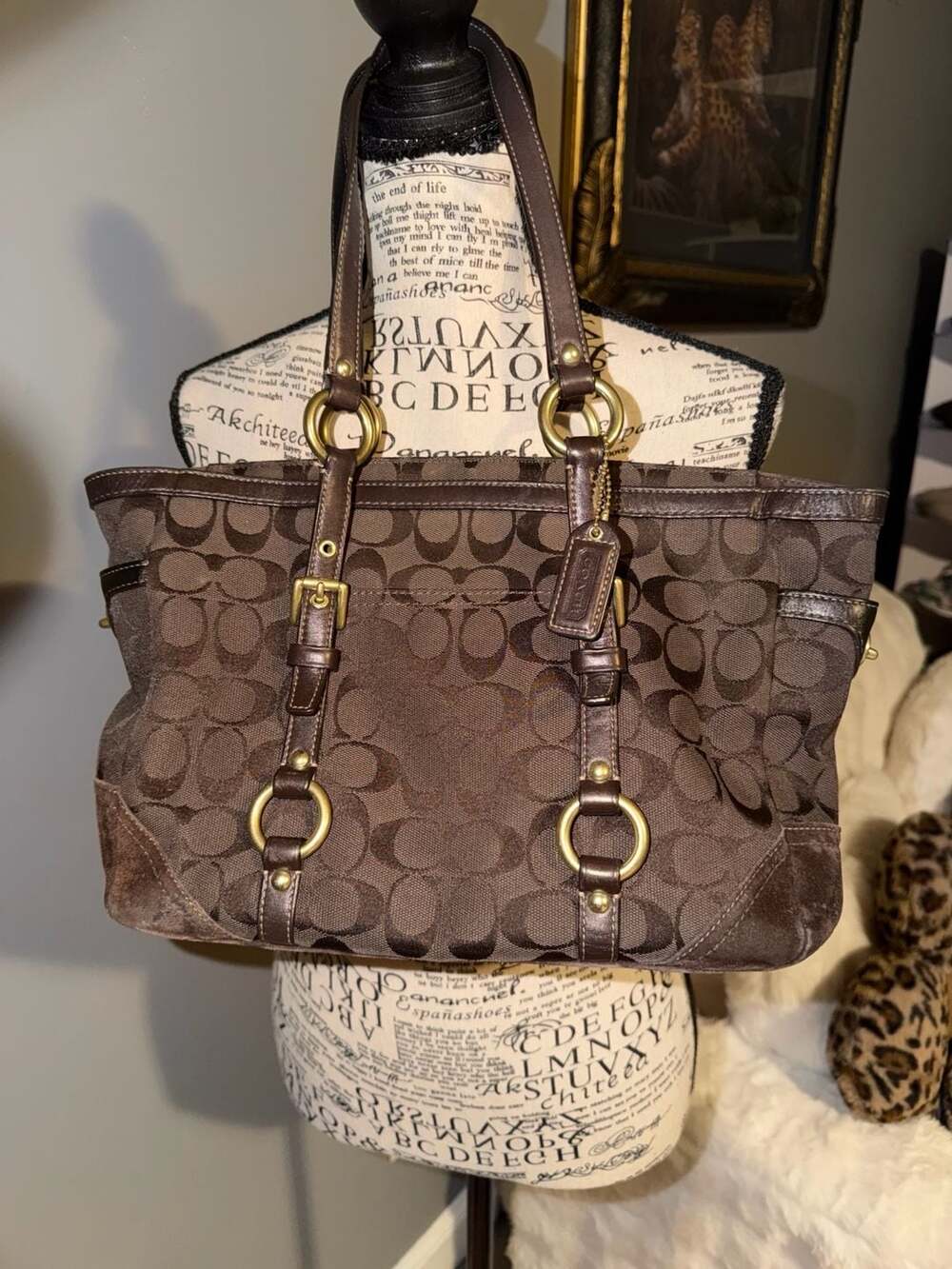 Coach Choclate Brown Canvas and Suede Tote Turn Lock Bag 10384
